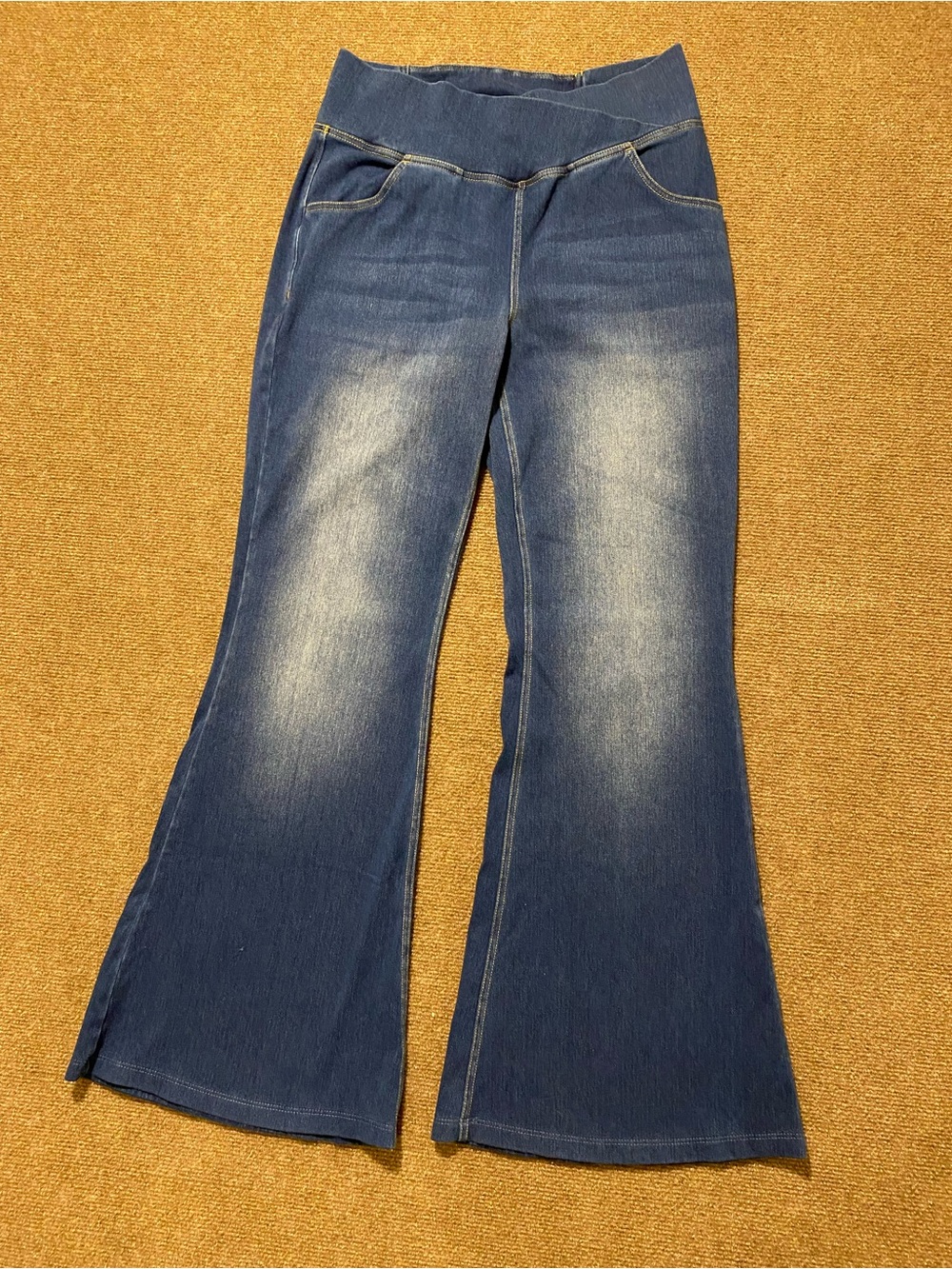 Halara Flex High Waisted Crossover Knit Denim Flare Jeans Blue L Regular